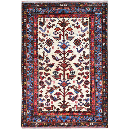 Tribal & Geometric Wool Hand Knotted Rug Ivory Blue 3.7X5.3 -O086990