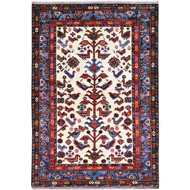 Tribal & Geometric Wool Hand Knotted Rug Ivory Blue 3.7X5.3 -O086990