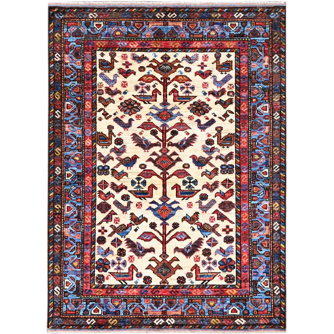 Tribal & Geometric Wool Hand Knotted Rug Ivory Blue 3.6X4.10 -O086991