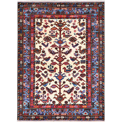 Tribal & Geometric Wool Hand Knotted Rug Ivory Blue 3.6X4.10 -O086991