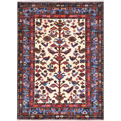 Tribal & Geometric Wool Hand Knotted Rug Ivory Blue 3.6X4.10 -O086991