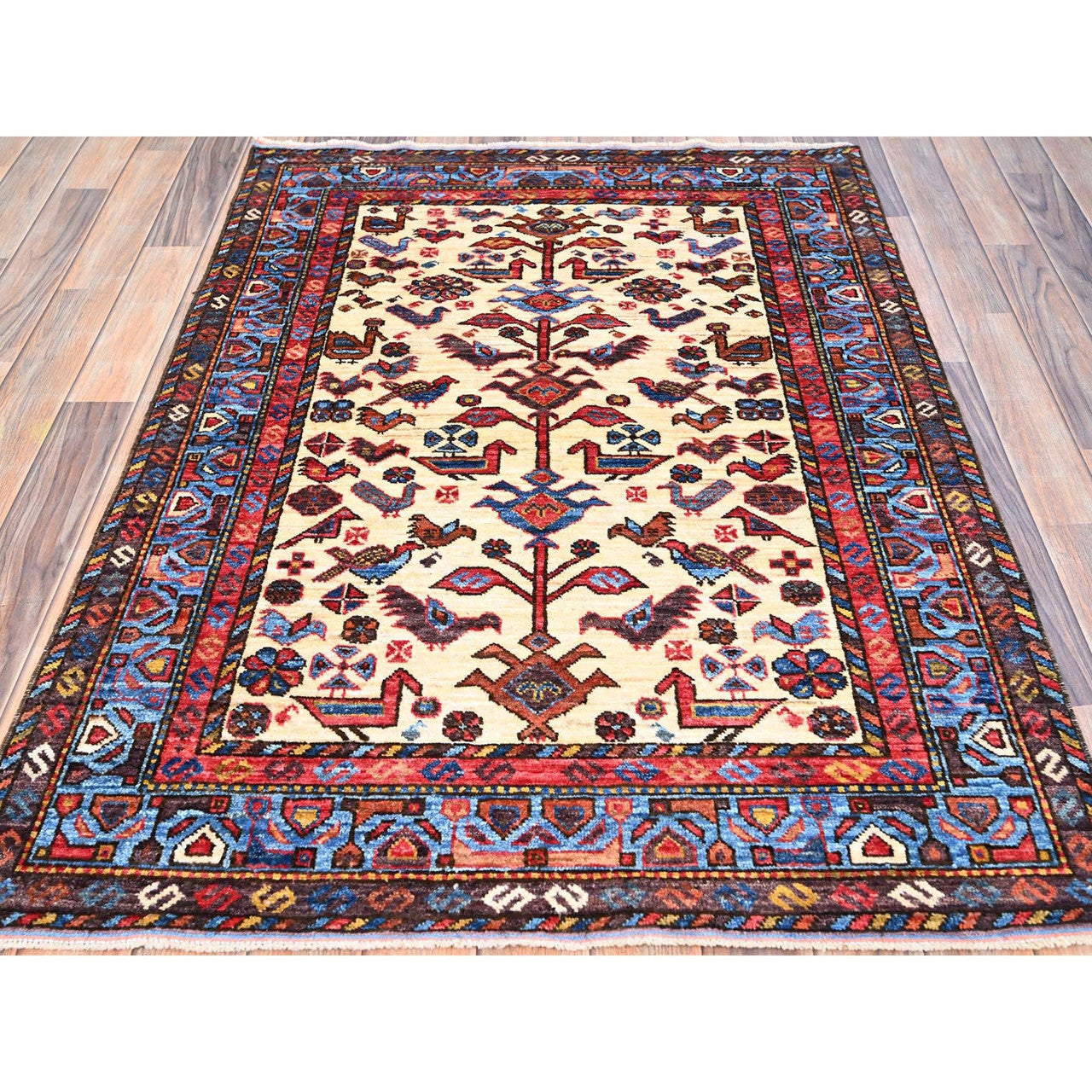 Tribal & Geometric Wool Hand Knotted Rug Ivory Blue 3.6X4.10 -O086991