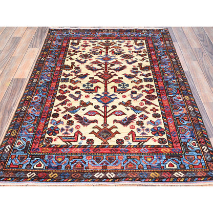 Tribal & Geometric Wool Hand Knotted Rug Ivory Blue 3.6X4.10 -O086991