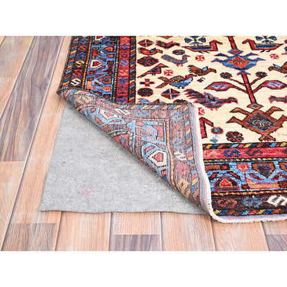Tribal & Geometric Wool Hand Knotted Rug Ivory Blue 3.6X4.10 -O086991