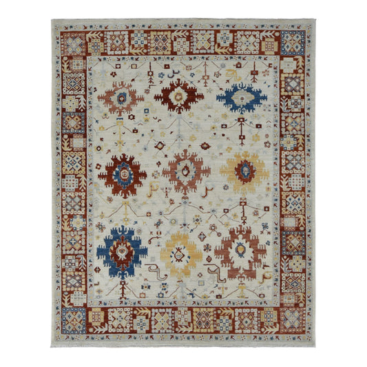 Oushak And Peshawar Wool Hand Knotted Rug Ivory Red 7.9X9.9 -O087010