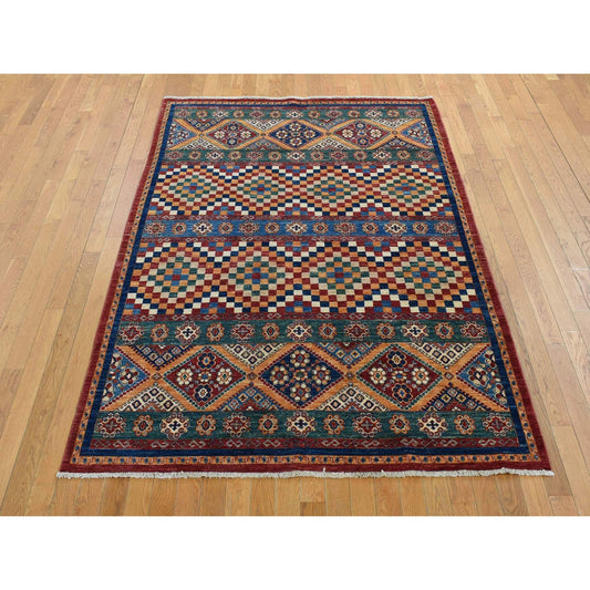 Kazak Wool Hand Knotted Rug Green Orange 5.7X8.0 -O087018