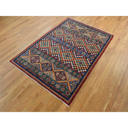 Kazak Wool Hand Knotted Rug Green Orange 5.7X8.0 -O087018