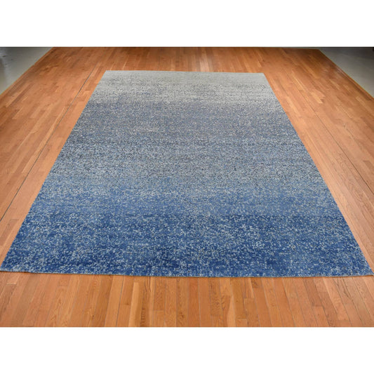 Modern and Contemporary Wool & Silk Hand Knotted Rug Blue No Border 10.0X14.0 -O087085