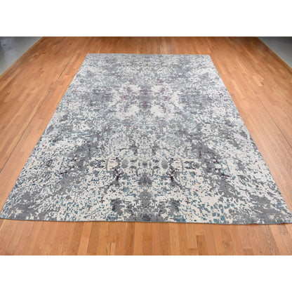 Modern and Contemporary Wool & Silk Hand Knotted Rug Grey No Border 9.10X13.7 -O087086