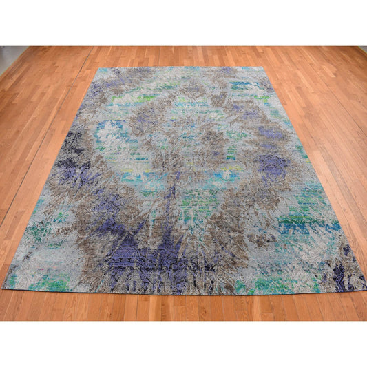 Modern and Contemporary Sari Silk Hand Knotted Rug Grey No Border 8.9X11.10 -O087097