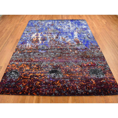 Modern and Contemporary Wool & Sari Silk Hand Knotted Rug Blue No Border 8.10X12.0 -O087098