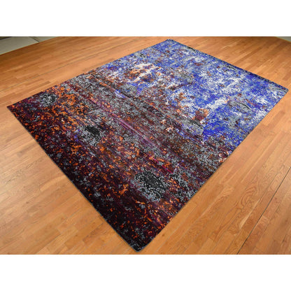 Modern and Contemporary Wool & Sari Silk Hand Knotted Rug Blue No Border 8.10X12.0 -O087098