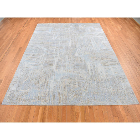 Modern and Contemporary Wool & Silk Hand Knotted Rug Blue No Border 8.9X12.0 -O087103