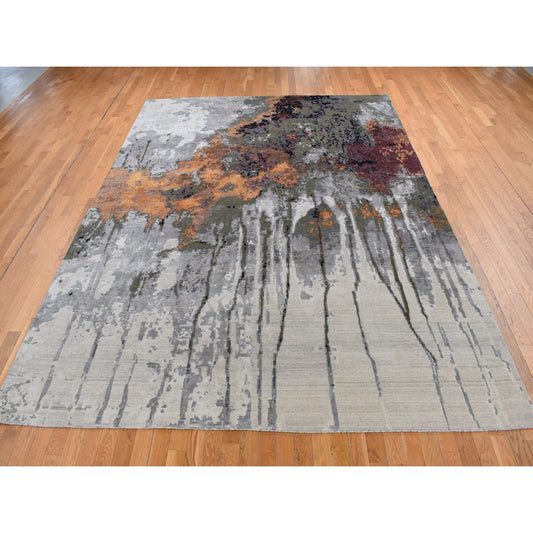 Modern and Contemporary Wool & Silk Hand Knotted Rug Grey No Border 8.10X12.3 -O087114