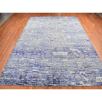 Modern and Contemporary Sari Silk Hand Knotted Rug Blue No Border 9.0X12.2 -O087118