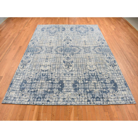 Modern and Contemporary Wool & Silk Hand Knotted Rug Blue No Border 9.1X12.2 -O087122