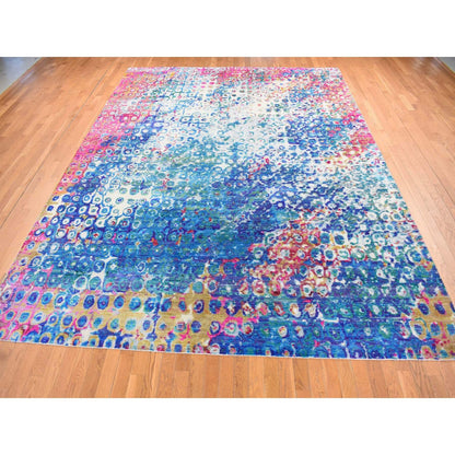 Transitional Wool & Sari Silk Hand Knotted Rug Blue No Border 9.1X12.1 -O087138