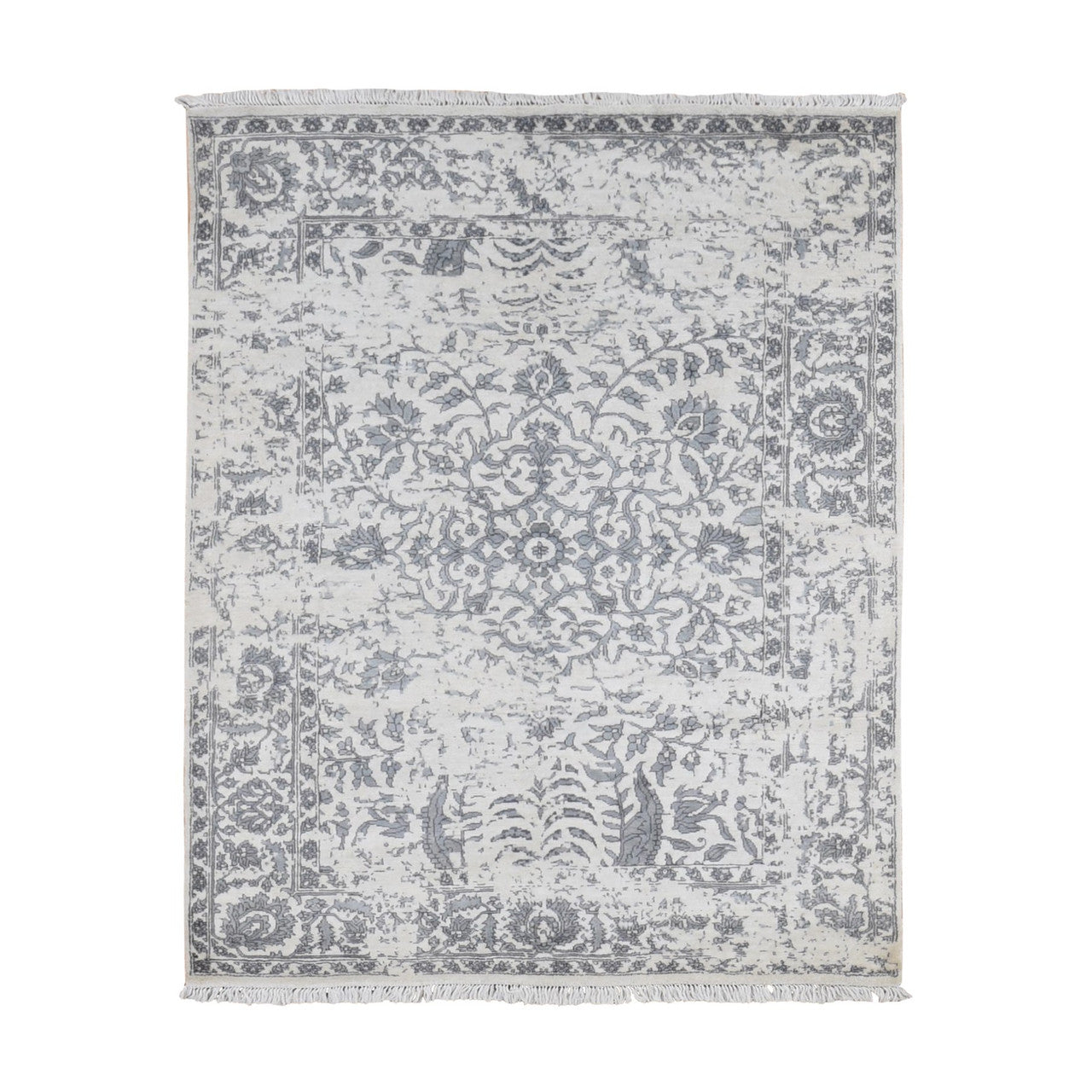 Ivory 5'2" x 7'0" Transitional Hand knotted Silk Rug - Sku: O087191
