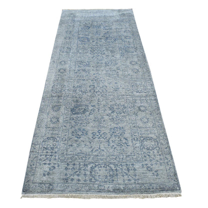 Transitional Wool & Silk Hand Knotted Rug Grey Gray 3.1X8.3 -O087201