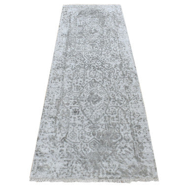 Transitional Wool & Silk Hand Knotted Rug Grey No Border 2.7X8.0 -O087203