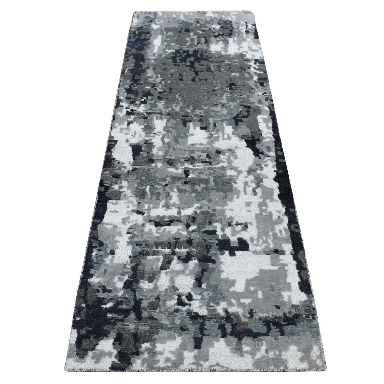 Black 2'6" x 7'7" Modern and Contemporary Hand knotted Wool/Silk Rug - Sku: O087209