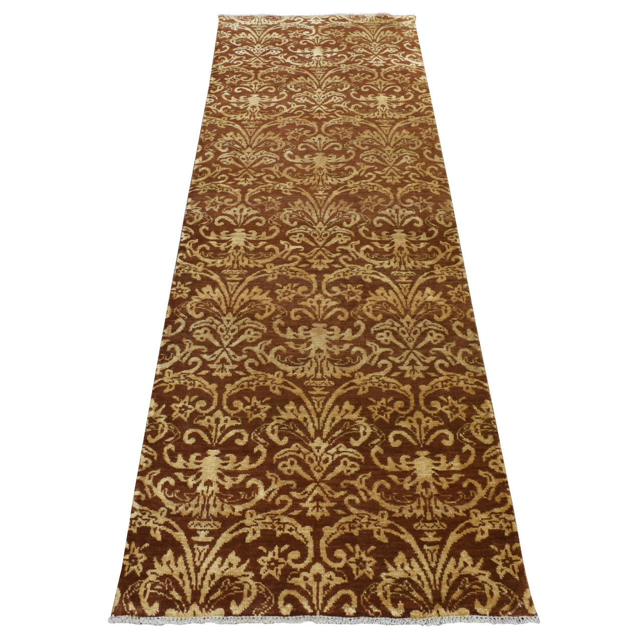 Brown 2'6" x 7'9" Transitional Hand knotted Wool/Silk Rug - Sku: O087210