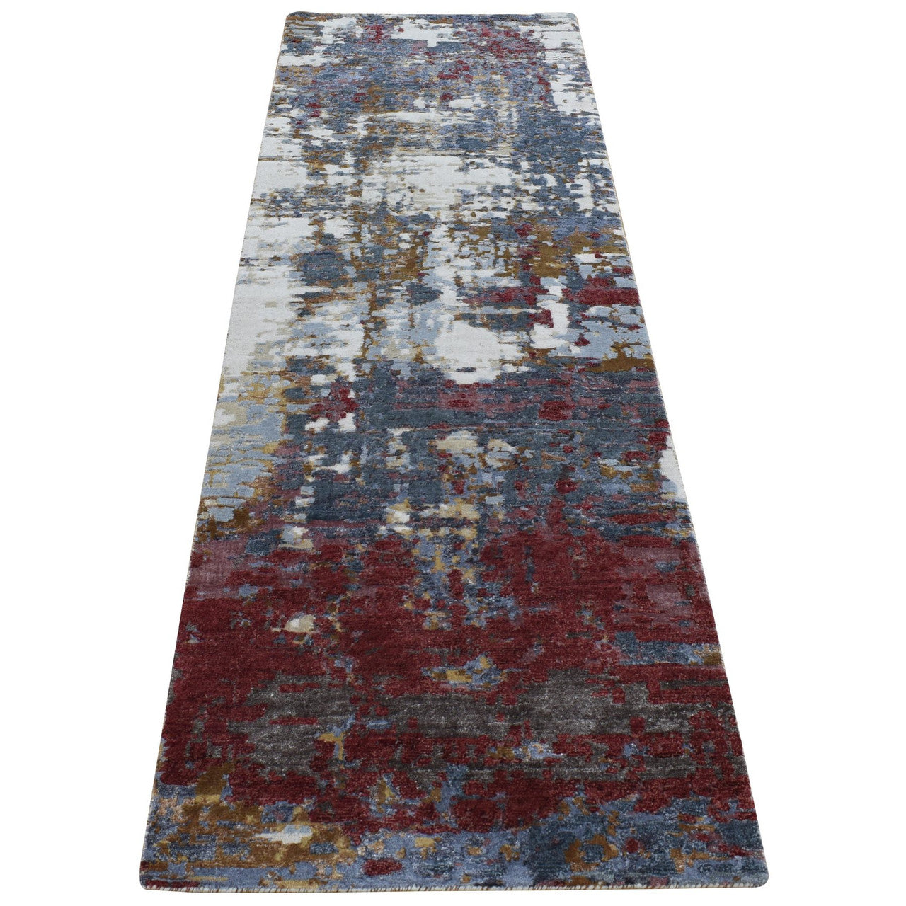 Red 2'7" x 8'1" and Hand knotted Wool/Silk Rug - Sku: O087211