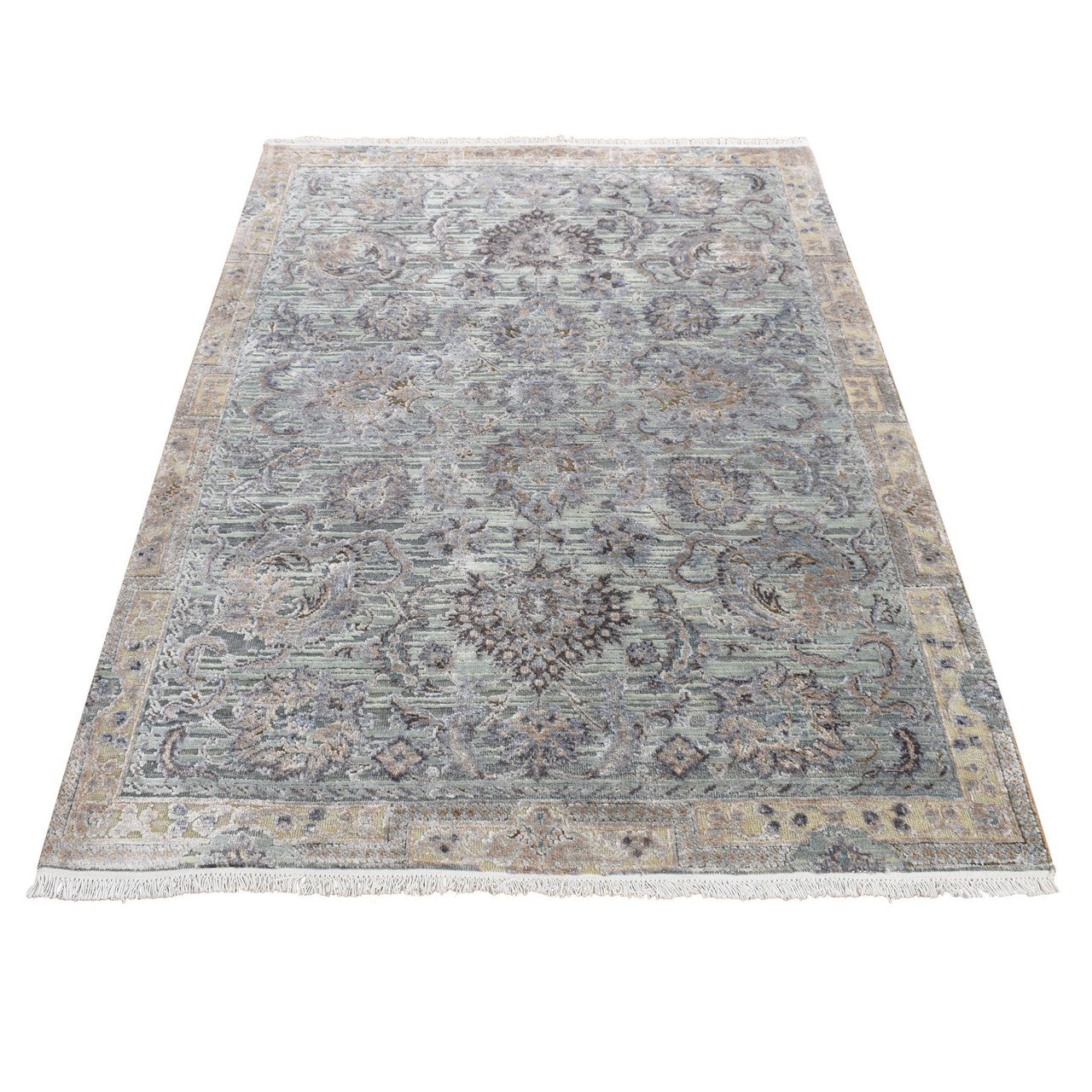 Green 4'1" x 6'2" Transitional Hand knotted Wool/Silk Rug - Sku: O087217