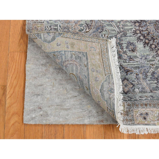 Transitional Wool & Silk Hand Knotted Rug Green Beige 4.1X6.2 -O087217