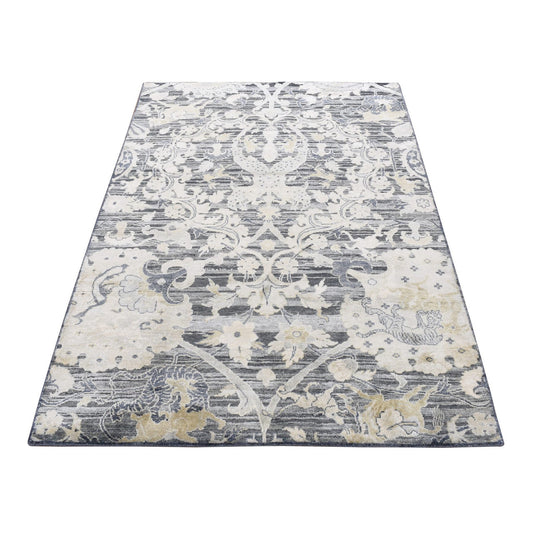Transitional Wool & Silk Hand Knotted Rug Grey No Border 4.0X6.3 -O087219