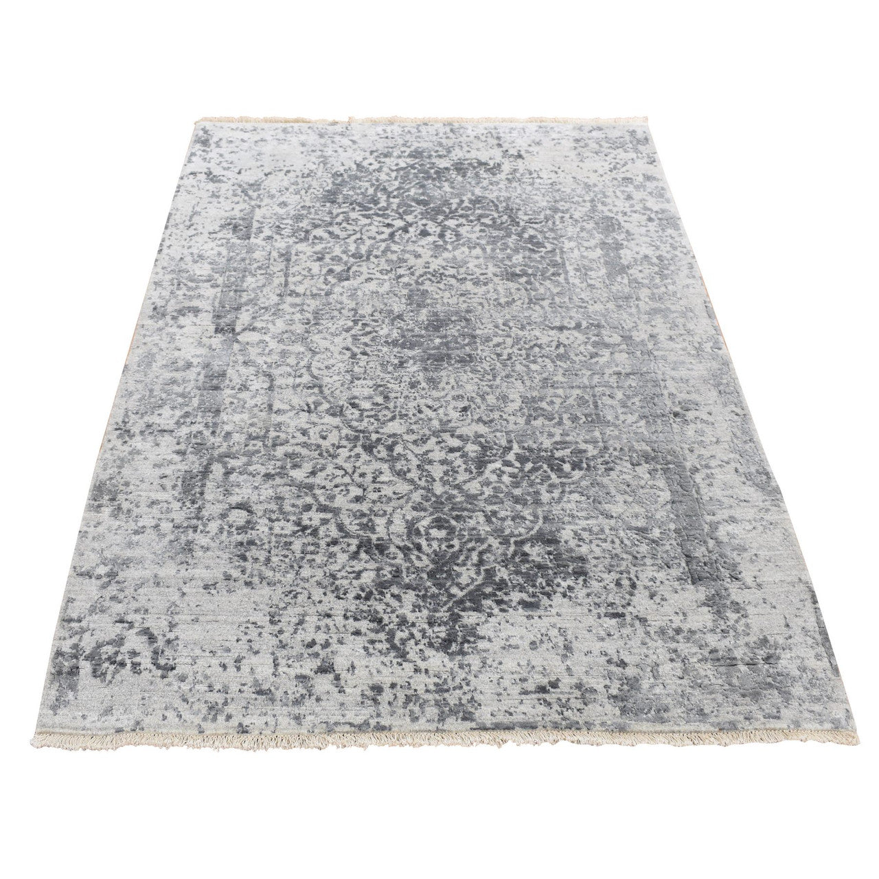 Transitional Wool & Silk Hand Knotted Rug Grey No Border 4.1X6.0 -O087222