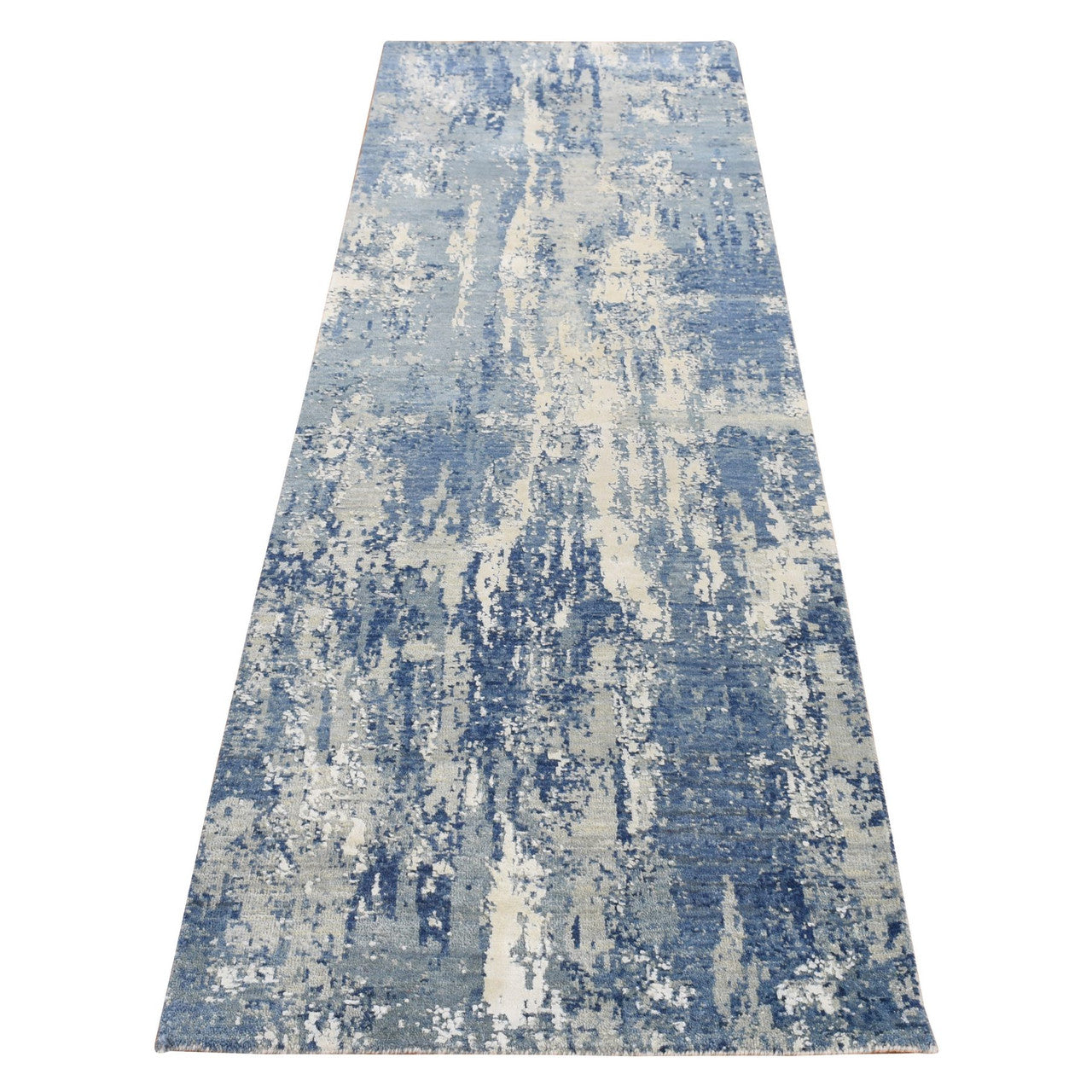 Blue 2'6" x 8'3" Modern and Contemporary Hand knotted Wool/Silk Rug - Sku: O087230