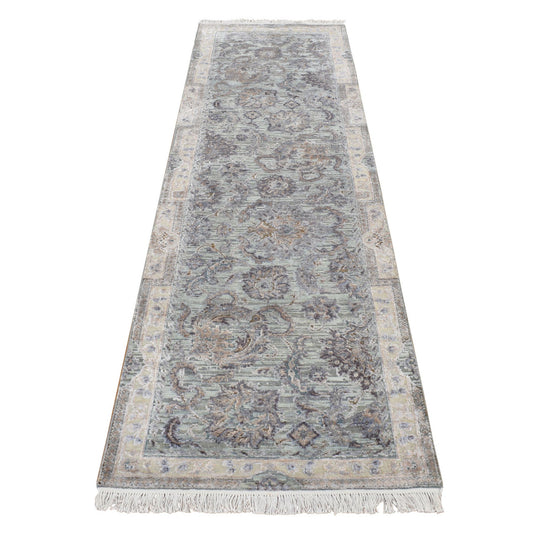 Oushak And Peshawar Wool & Silk Hand Knotted Rug Green Beige 2.5X8.1 -O087232
