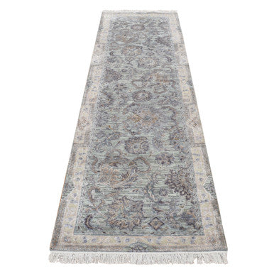 Oushak And Peshawar Wool & Silk Hand Knotted Rug Green Beige 2.5X8.1 -O087232