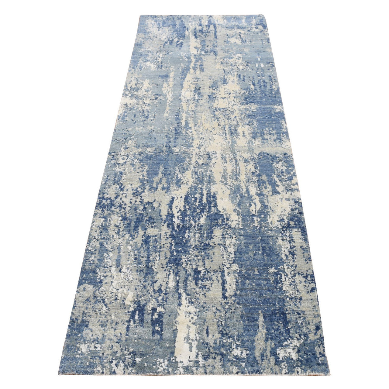Blue 2'6" x 8'1" Modern and Contemporary Hand knotted Wool/Silk Rug - Sku: O087235