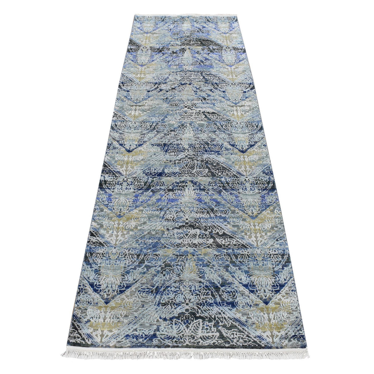Blue 2'7" x 8'3" Transitional Hand knotted Wool/Silk Rug - Sku: O087238