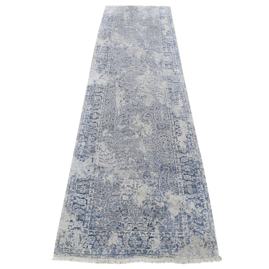 Transitional Wool & Pure Silk Hand Knotted Rug Grey Gray 2.5X10.0 -O087240