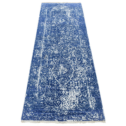 Transitional Wool & Silk Hand Knotted Rug Blue Blue 2.5X7.6 -O087249