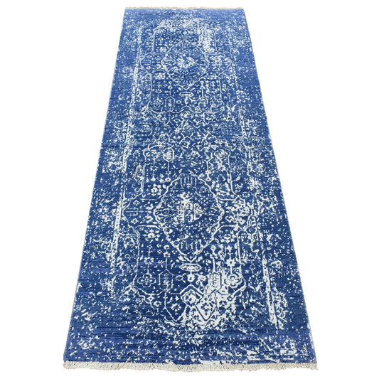 Transitional Wool & Silk Hand Knotted Rug Blue Blue 2.5X7.6 -O087249