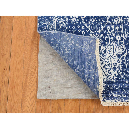 Transitional Wool & Silk Hand Knotted Rug Blue Blue 2.5X7.6 -O087249