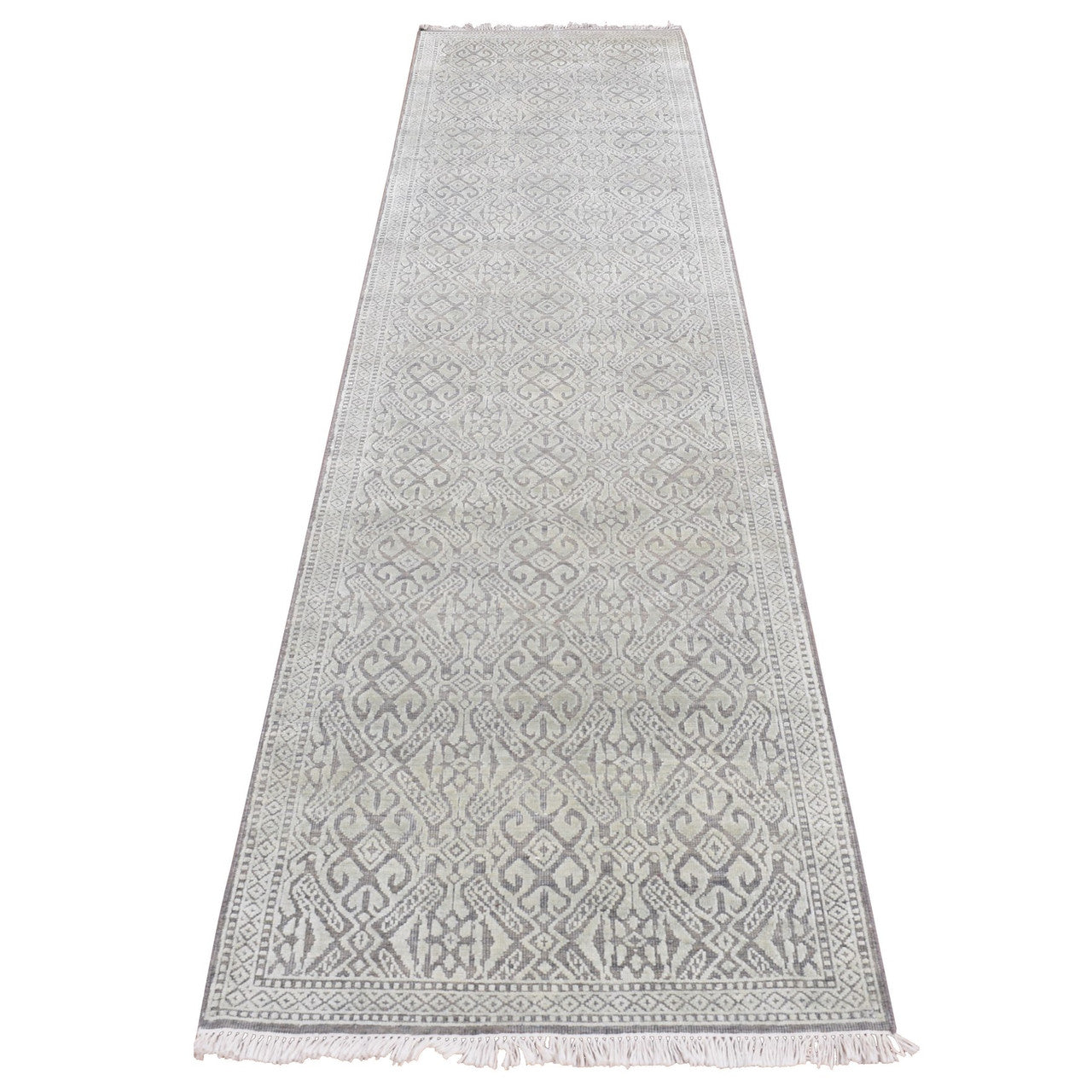 Green 2'7" x 10'4" Transitional Hand knotted Wool/Silk Rug - Sku: O087250