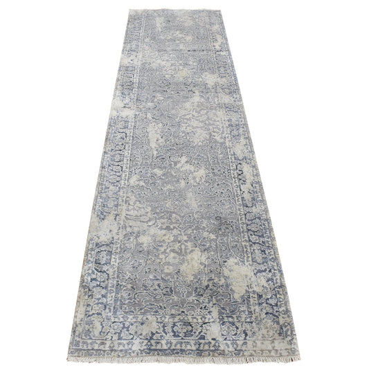 Transitional Wool & Silk Hand Knotted Rug Grey Gray 2.6X9.10 -O087254