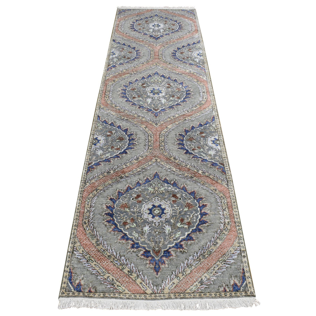 Gray 2'6" x 10'0" Transitional Hand knotted Wool/Silk Rug - Sku: O087256