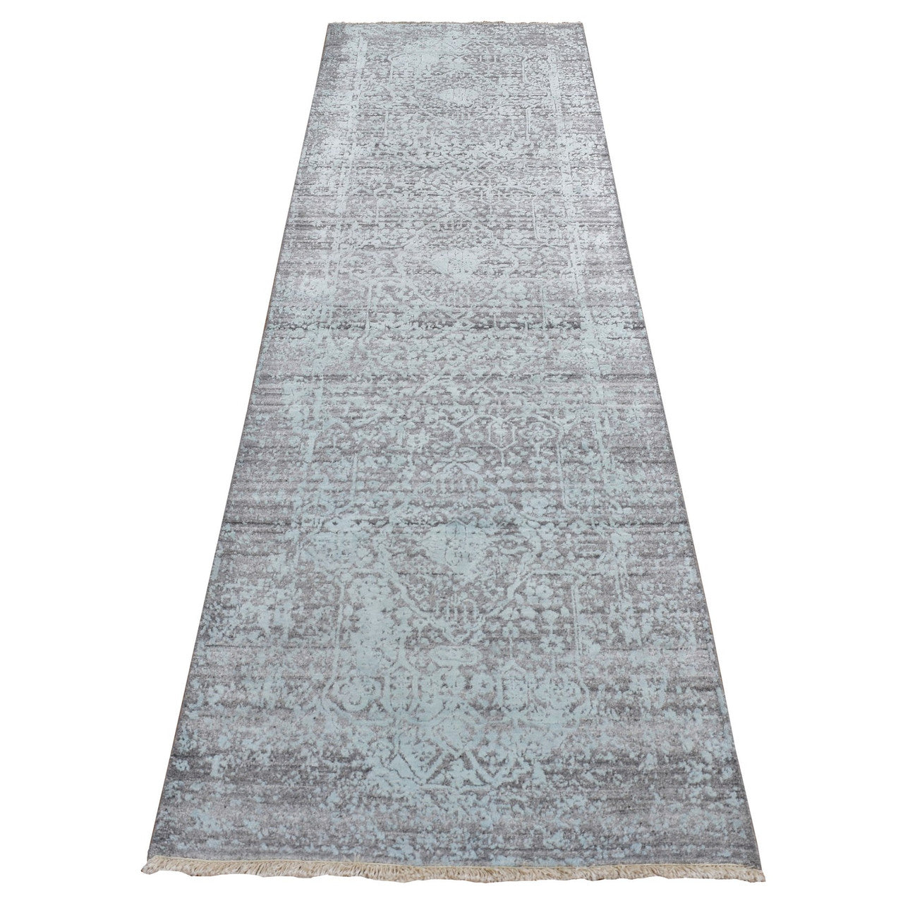 Green 2'7" x 9'9" Transitional Hand knotted Wool/Silk Rug - Sku: O087258