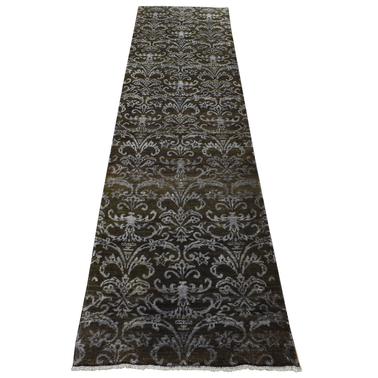 Green 2'4" x 9'8" Transitional Hand knotted Wool/Silk Rug - Sku: O087261
