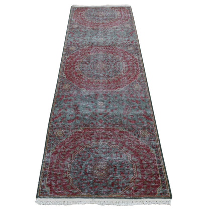 Mamluk Worn Wool Hand Knotted Rug Green No Border 2.6X9.10 -O087265