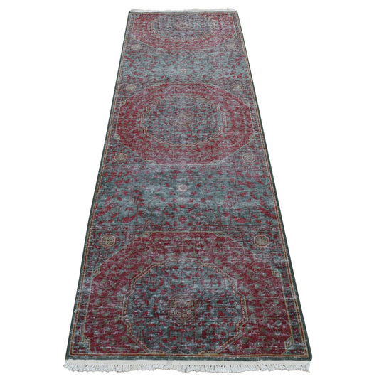 Mamluk Worn Wool Hand Knotted Rug Green No Border 2.6X9.10 -O087265