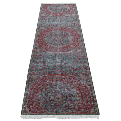 Mamluk Worn Wool Hand Knotted Rug Green No Border 2.6X9.10 -O087265