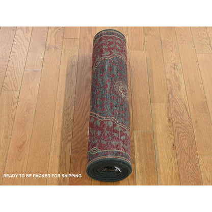 Mamluk Worn Wool Hand Knotted Rug Green No Border 2.6X9.10 -O087265
