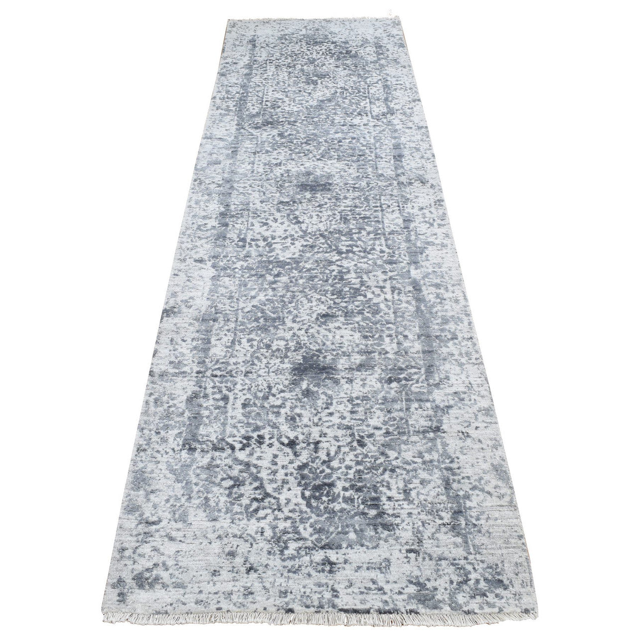 Gray 2'8" x 10'0" Transitional & Pure Hand knotted Wool/Silk Rug - Sku: O087269